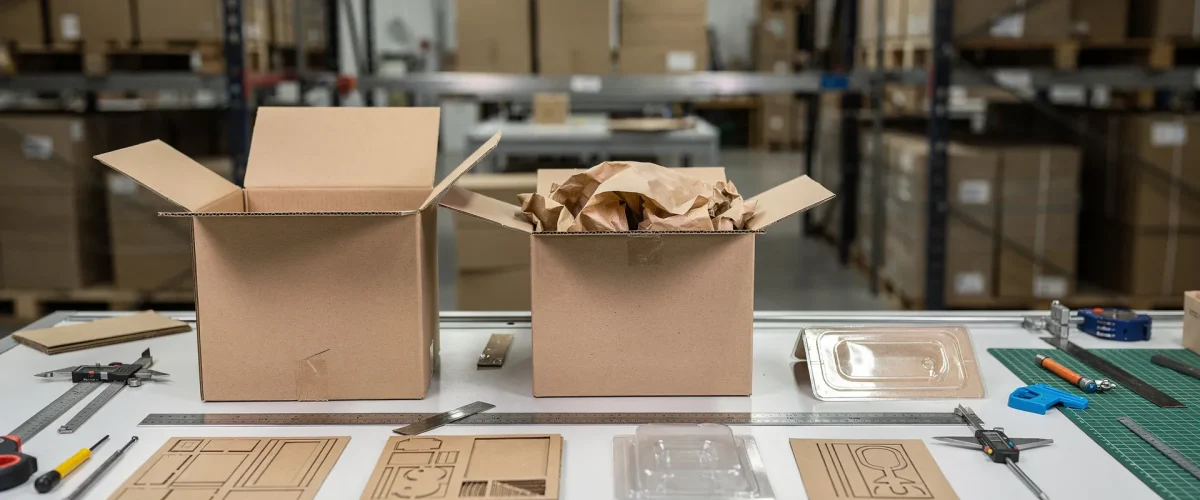 Tre prototipi di packaging su un banco di officina: astuccio sovradimensionato, scatola e-commerce con riempitivo e blister ottimizzato