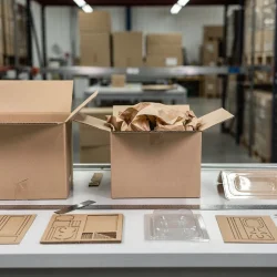 Tre prototipi di packaging su un banco di officina: astuccio sovradimensionato, scatola e-commerce con riempitivo e blister ottimizzato