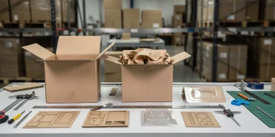 Tre prototipi di packaging su un banco di officina: astuccio sovradimensionato, scatola e-commerce con riempitivo e blister ottimizzato