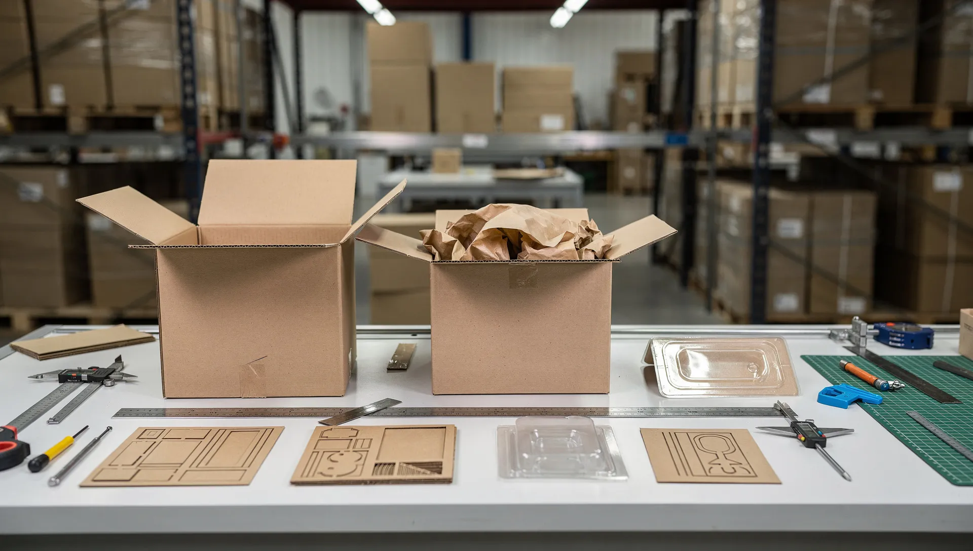 Tre prototipi di packaging su un banco di officina: astuccio sovradimensionato, scatola e-commerce con riempitivo e blister ottimizzato
