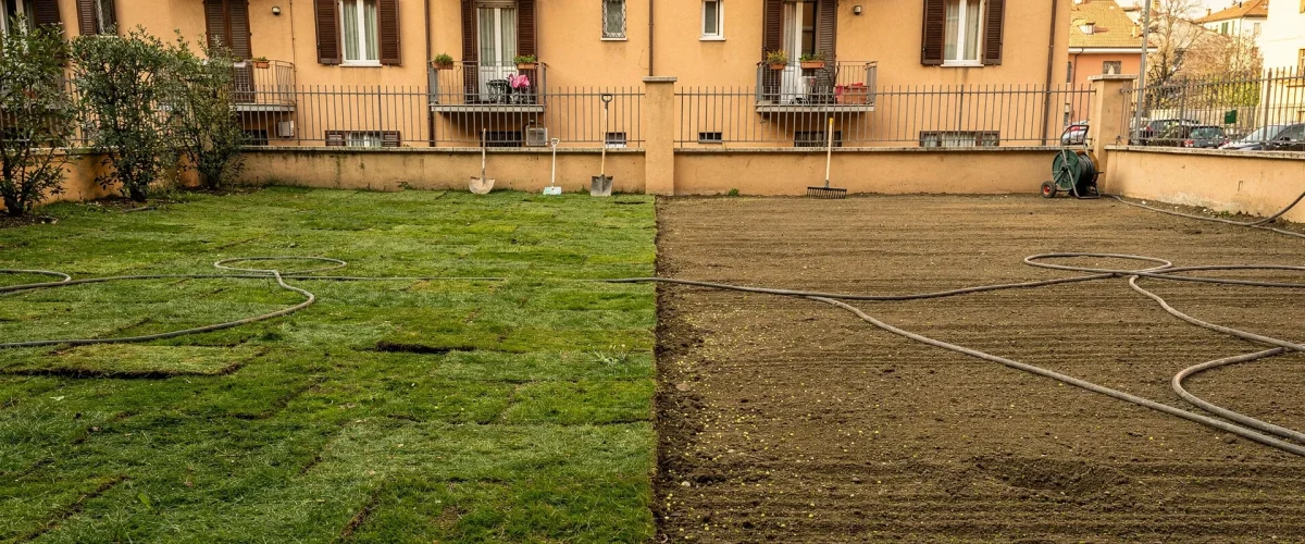 Confronto tra prato in zolle e area appena seminata in un cortile residenziale a Milano