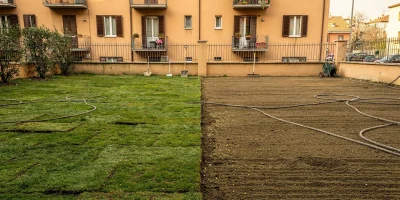 Confronto tra prato in zolle e area appena seminata in un cortile residenziale a Milano