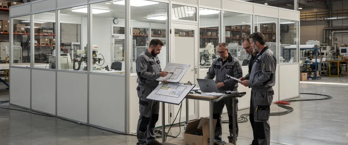 Sopralluogo tecnico in un capannone con pareti mobili divisorie e box industriale interno